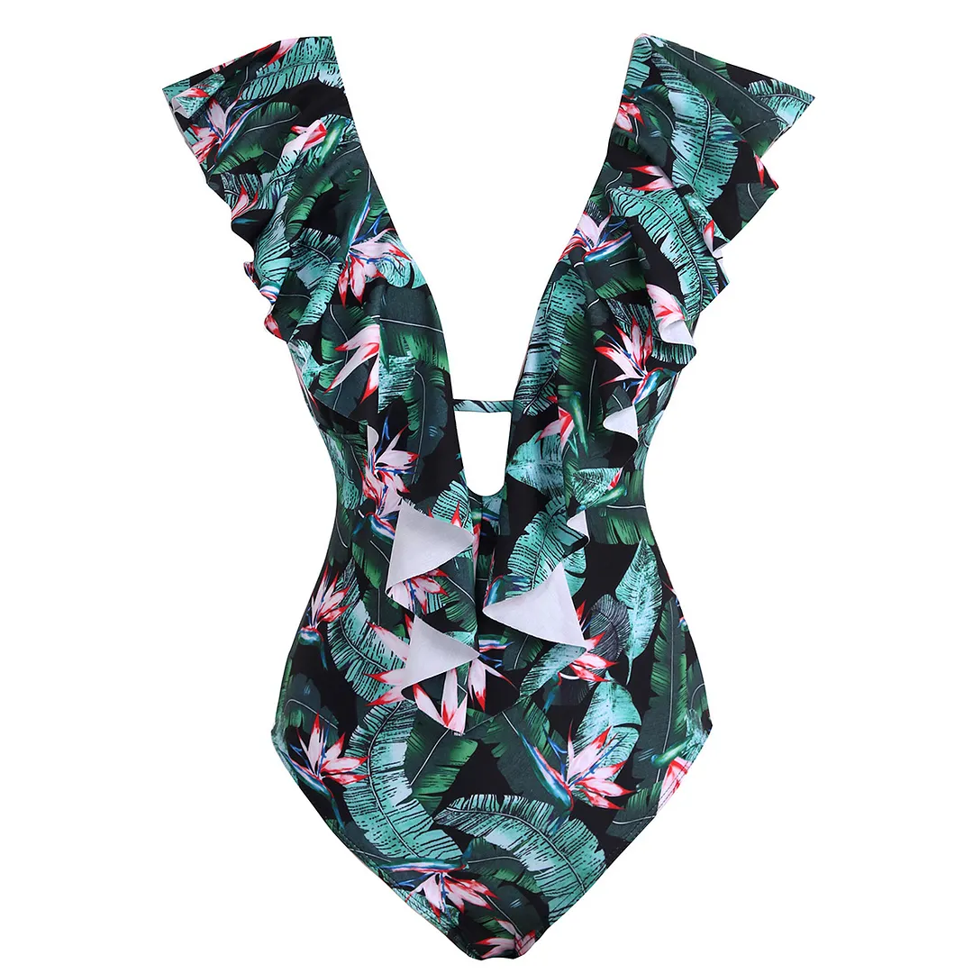 Brownm Printed Flowers Even Lotus Leaf Side Body Swimsuit Women 2025 New Swimsuit Bare Back