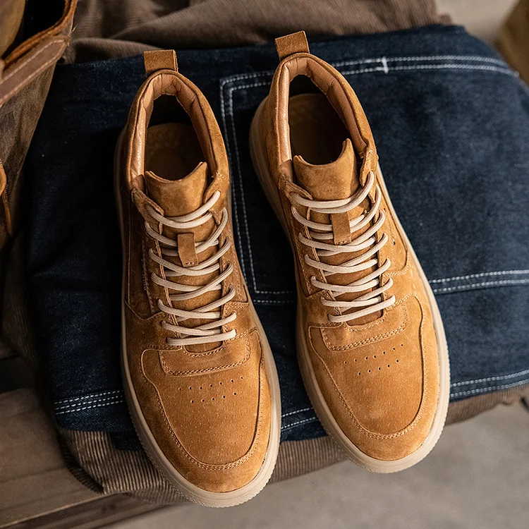Men'S Casual All-Match Cow Suede Leather High Lace-Up Sneakers