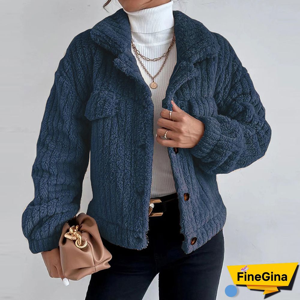 Women Elegant Fuzzy Coat Autumn Casual Long Sleeve Solid Outerwear Winter Fashion Lapel Single Breasted Loose Jackets Tops