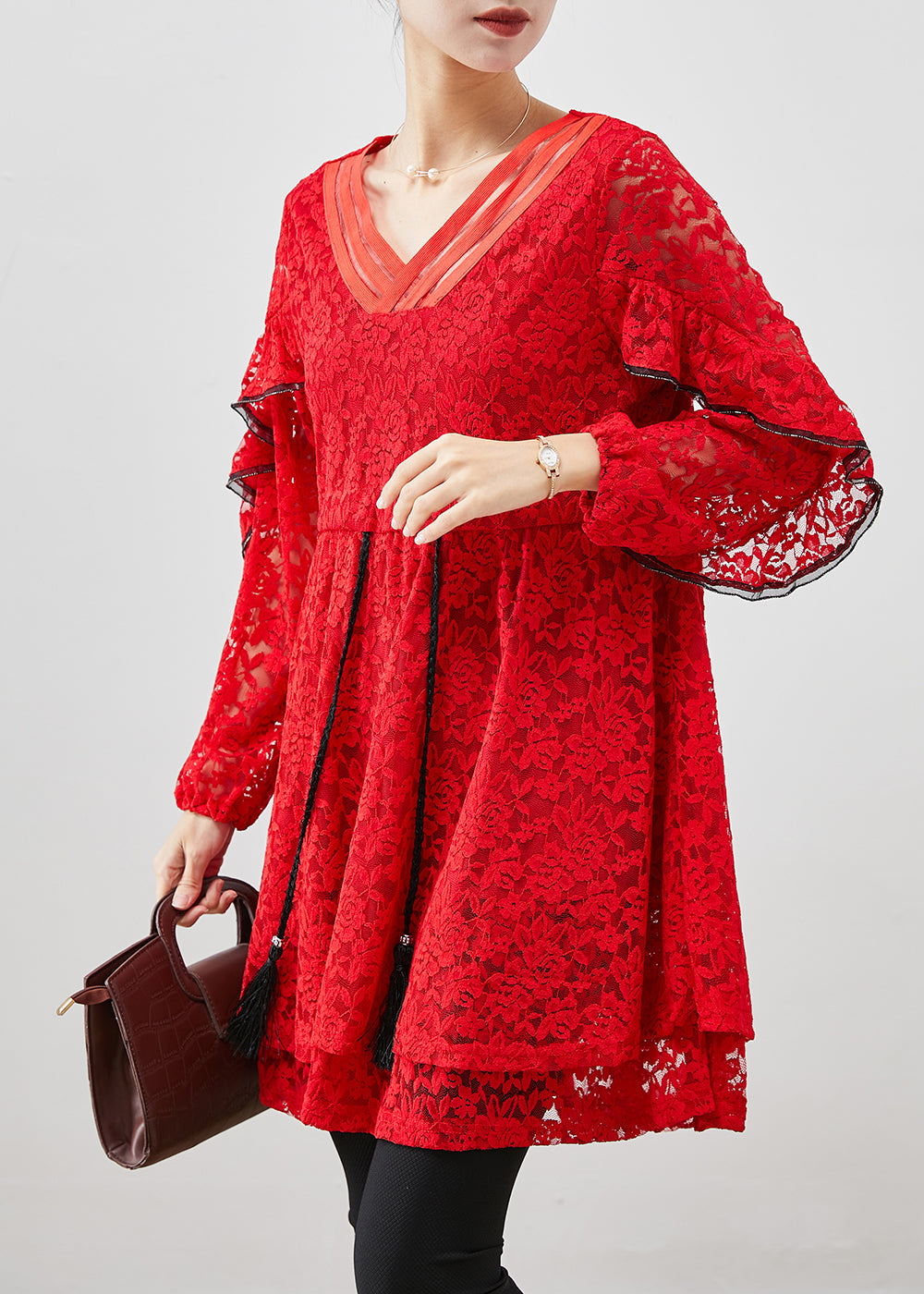 VCSHOES Red Cinched Lace Mini Dresses Fall