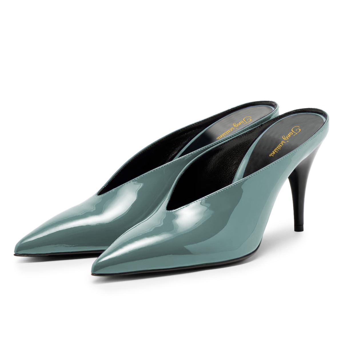 Simple Blue Patent Leather Pointed Toe Slip-On Mule Heels Nicepairs