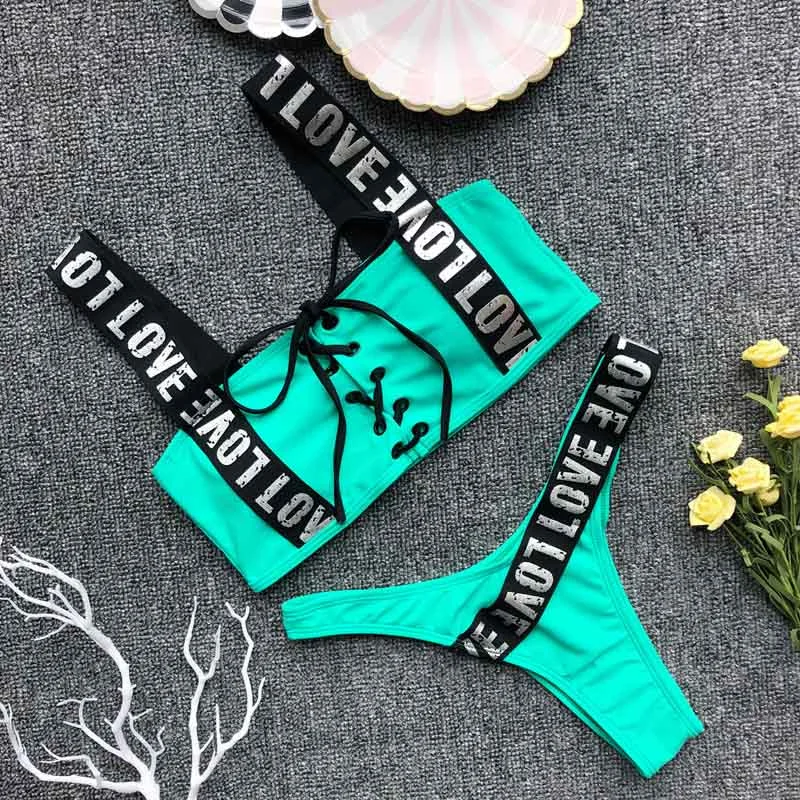 Sexy Letter Brazilian Bikini 2021 New Mujer Swimwear Women Swimsuit Halter Push Up Bathing Suit Beach Wear Thong Biquini 3722