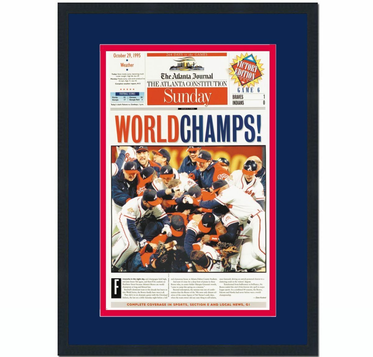 Framed The Atlanta Journal Champs Braves 1995 World Series Newspaper 17x27 Photo Poster painting