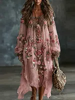 Women's Floral Roses Art Print Flowy Linen Blend Casual Long Sleeve Maxi Dress