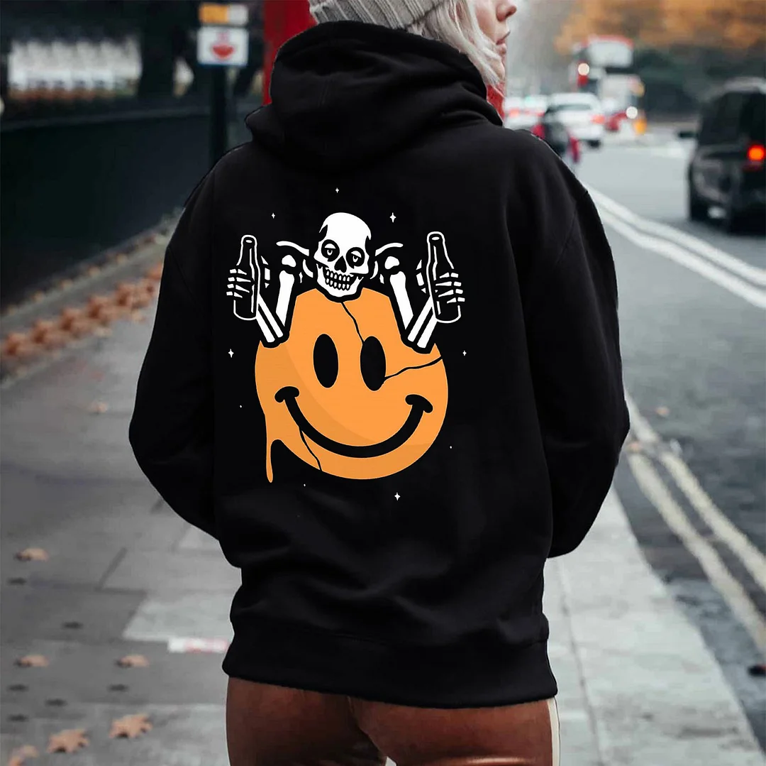 Drunk Skull Smile Face Graphic Causal  Black Print Hoodie