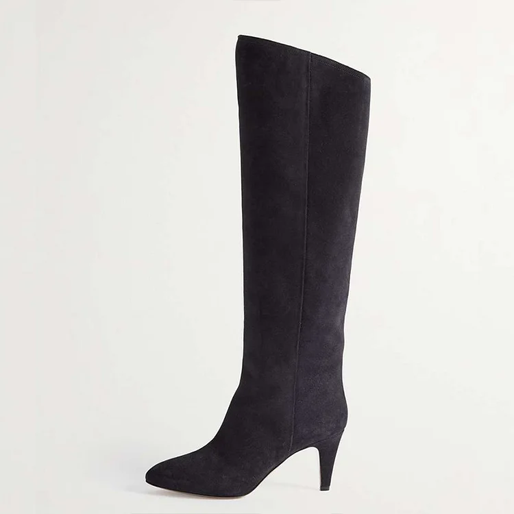 Classic Black Knee High Boots Pointed Toe Kitten Heels Vintage Vegan Suede Boots |FSJ Shoes
