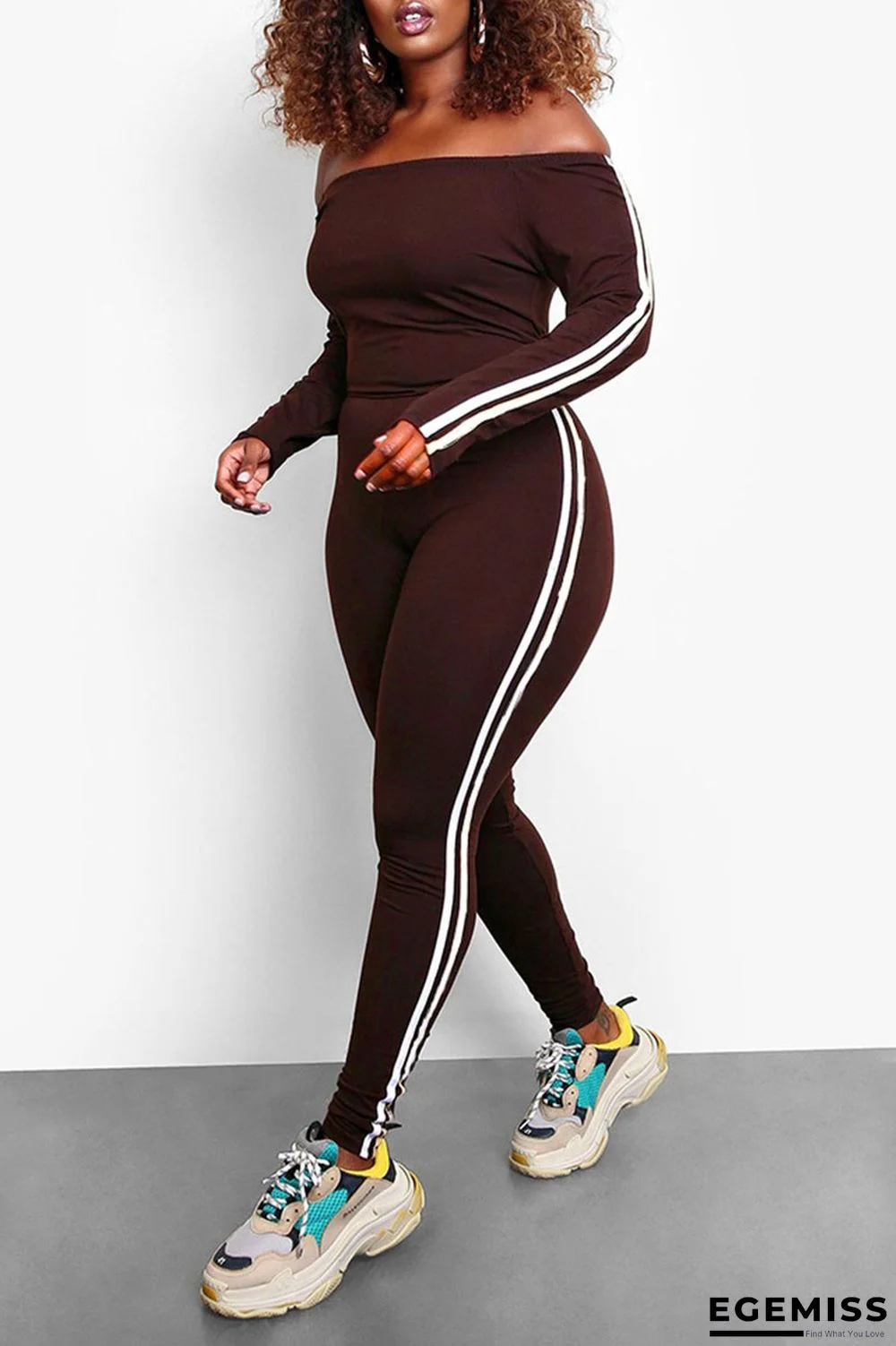 Coffee Casual Sportswear Solid Patchwork Off the Shoulder Regular Jumpsuits | EGEMISS