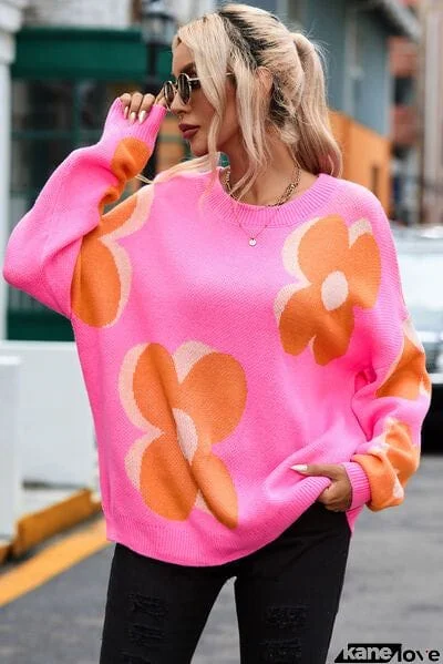 Flower Round Neck Dropped Shoulder Sweater
