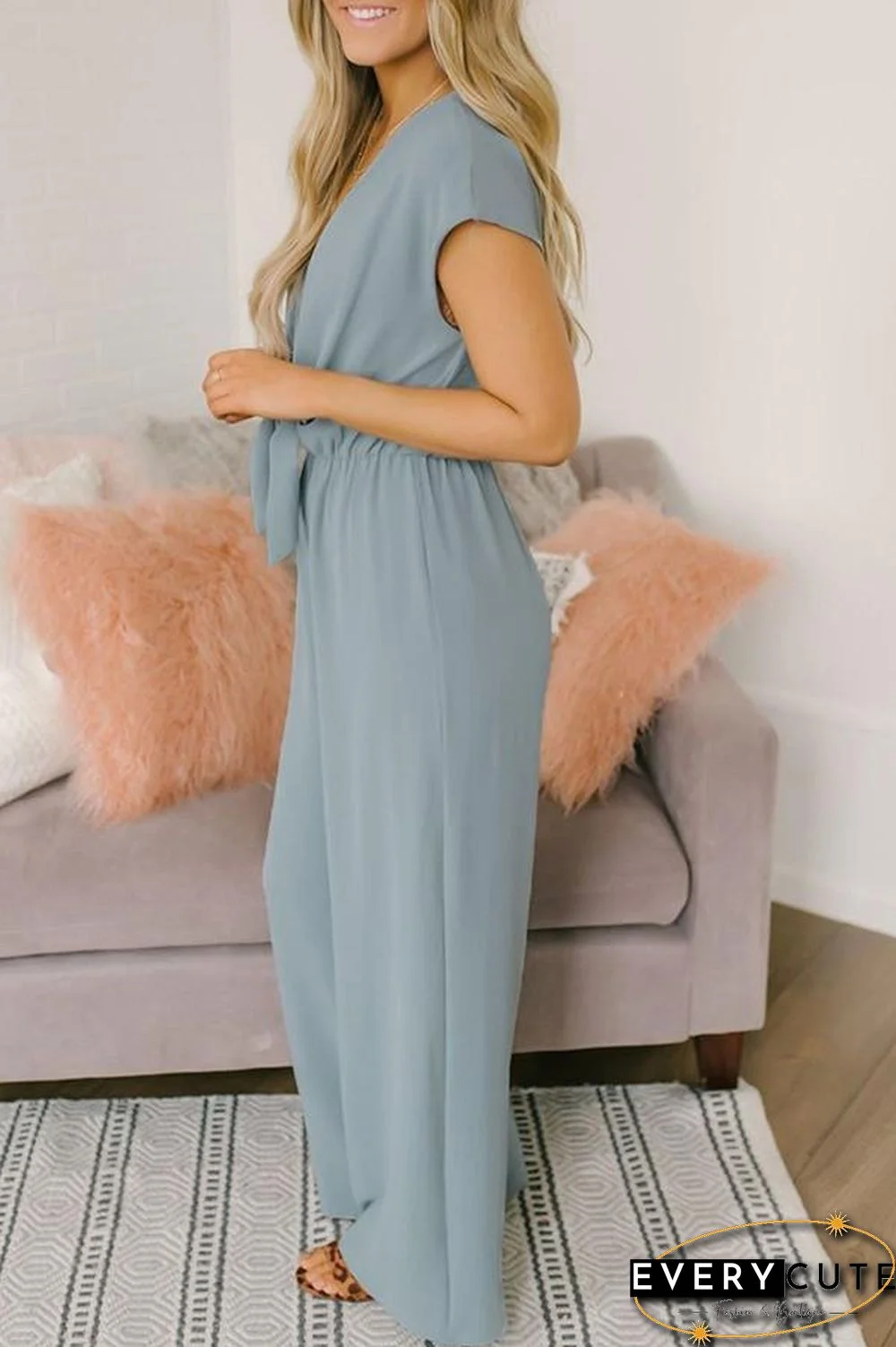 V-neck Short Sleeve Knotted Jumpsuit P16319