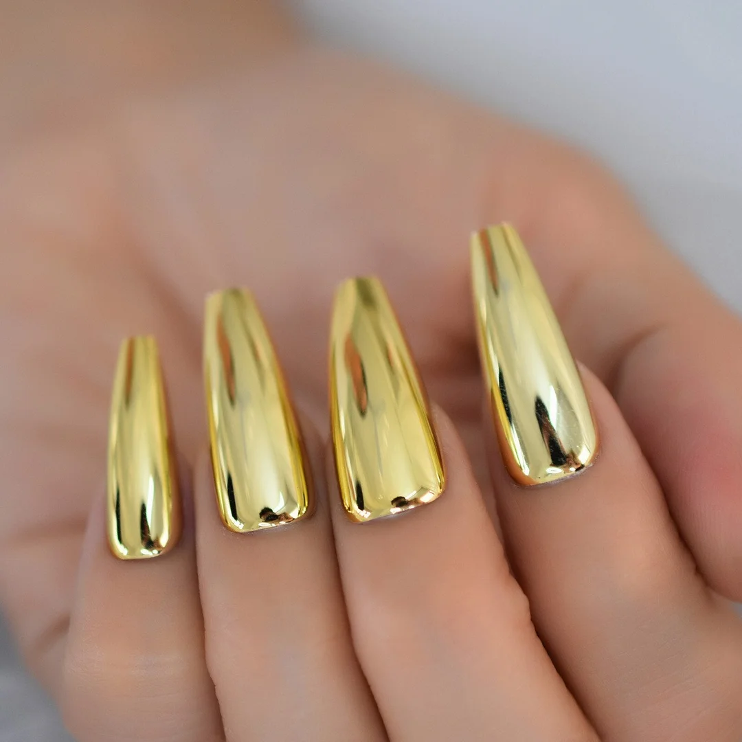 Pure Golden Color Simple Design  Press On Nails Coffin Extra Long Supplies For Professionals Wholesale Charms Nail EchiQ 24pcs-Nail Inspo
