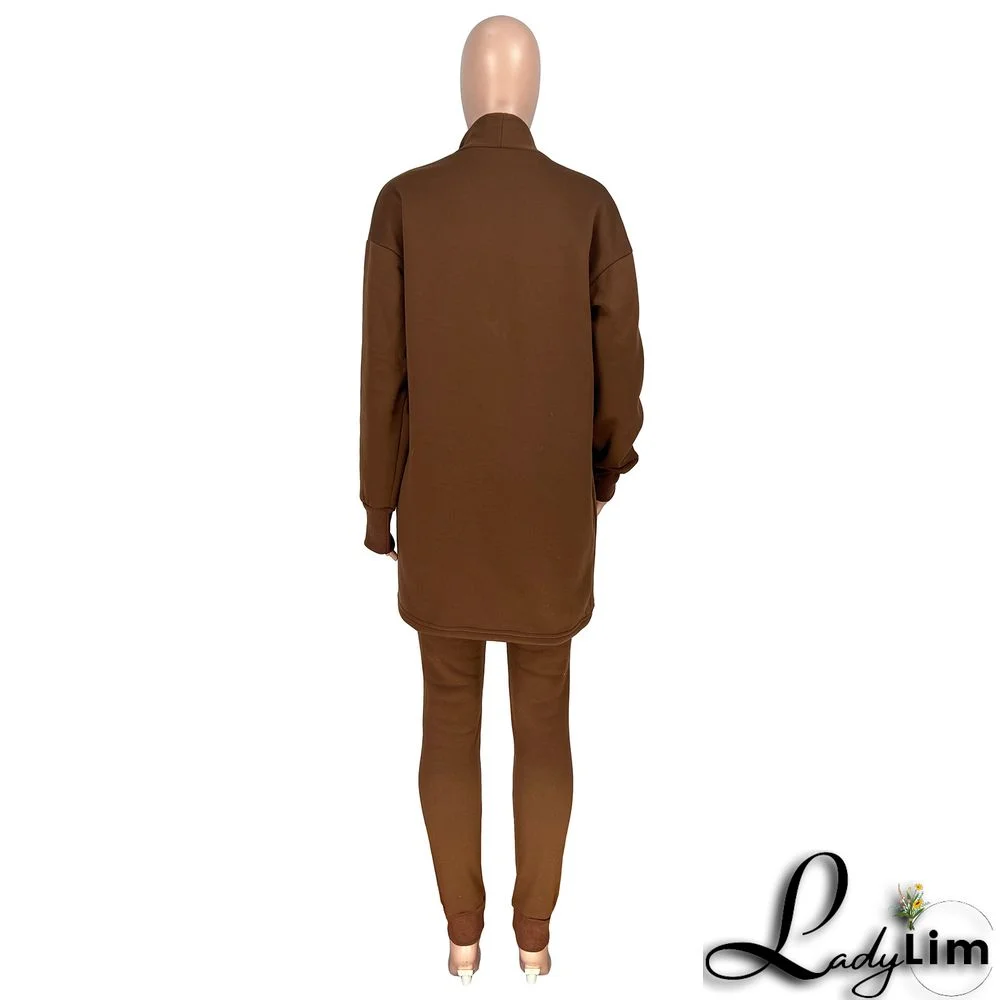 Women's Fashion Solid Fleece Cardigan Coat Pants Two-Piece Set