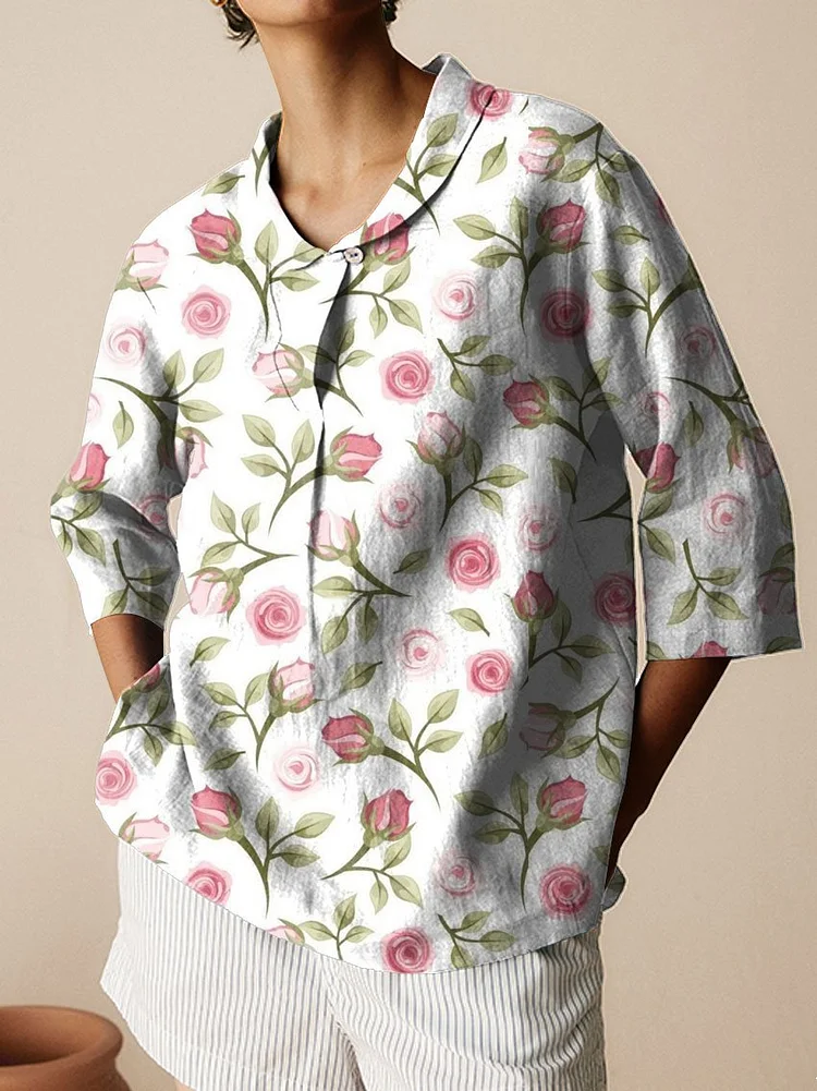 Women's Vintage Flower Print Casual Linen Cotton 3/4 Sleeve Shirt