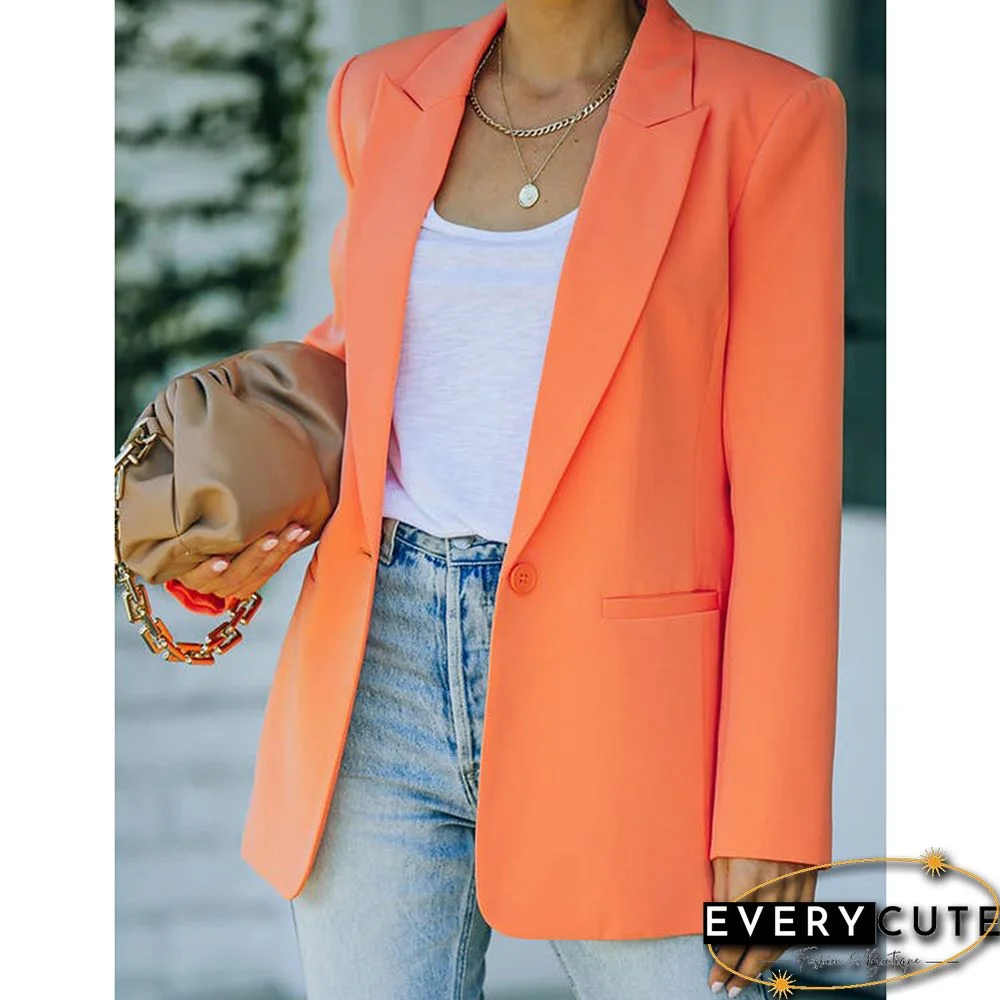 Orange Candy Button Lapel Collar Long Sleeve Blazer