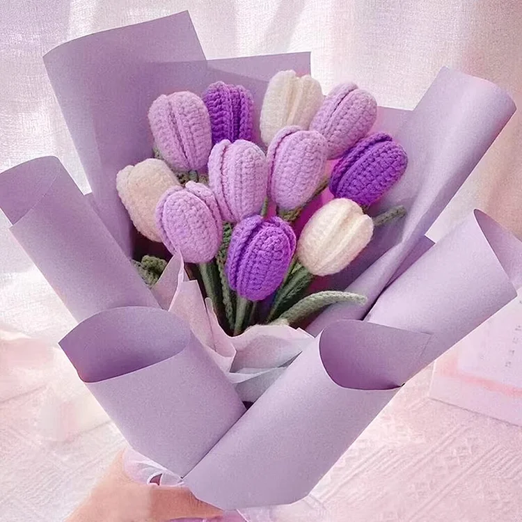 Lulusnow Handmade Purple Tulip Flower Crochet Flowers Bouquet Wedding/Forever Loving Girlfriend/Wife/Bride Gift