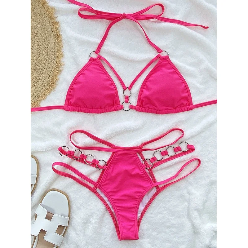 Peachtan Sexy halter bikini set Solid swimsuit 2022 new bathing suits swimwear conjunto biquinis feminino trajes de ba&ntilde;o mujer