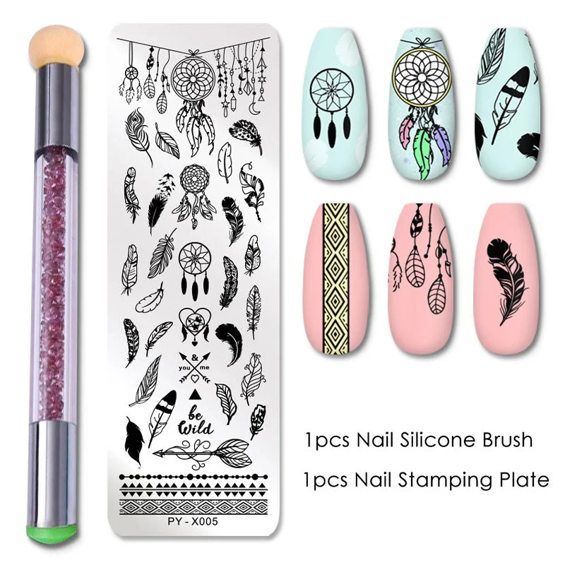 2Pcs/set Nail Stamping Plates Set Silicone Sponge Brush Polish Transfer Stencils Flower Geometry DIY Template for Nail Tools-Nail Inspo