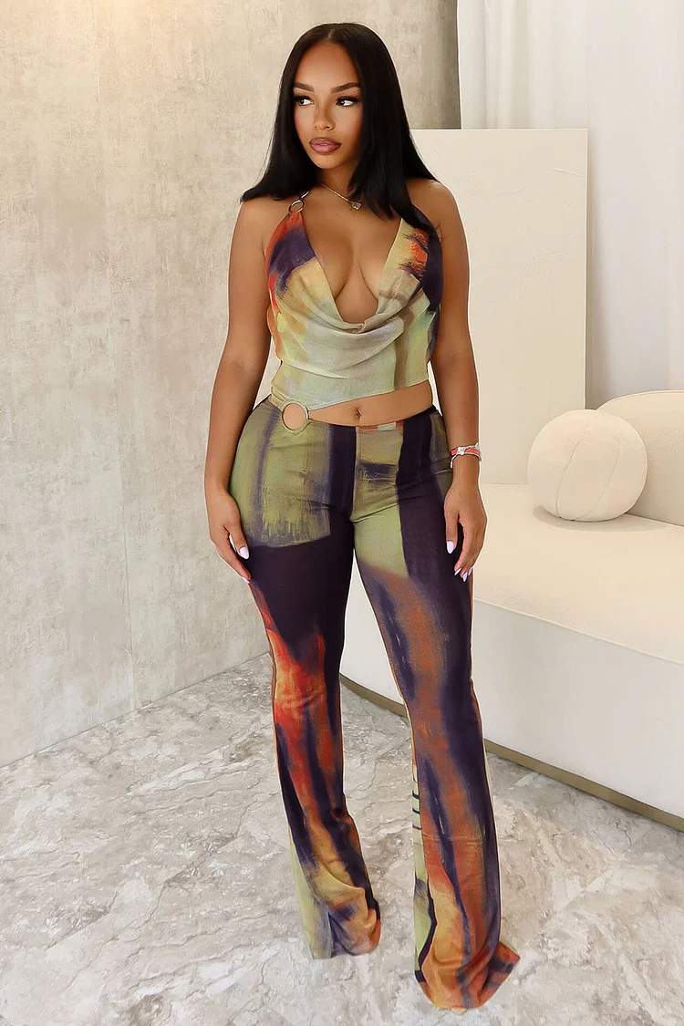 Print Halter Backless Cutout Party Flare Leg Jumpsuit-Multicolor