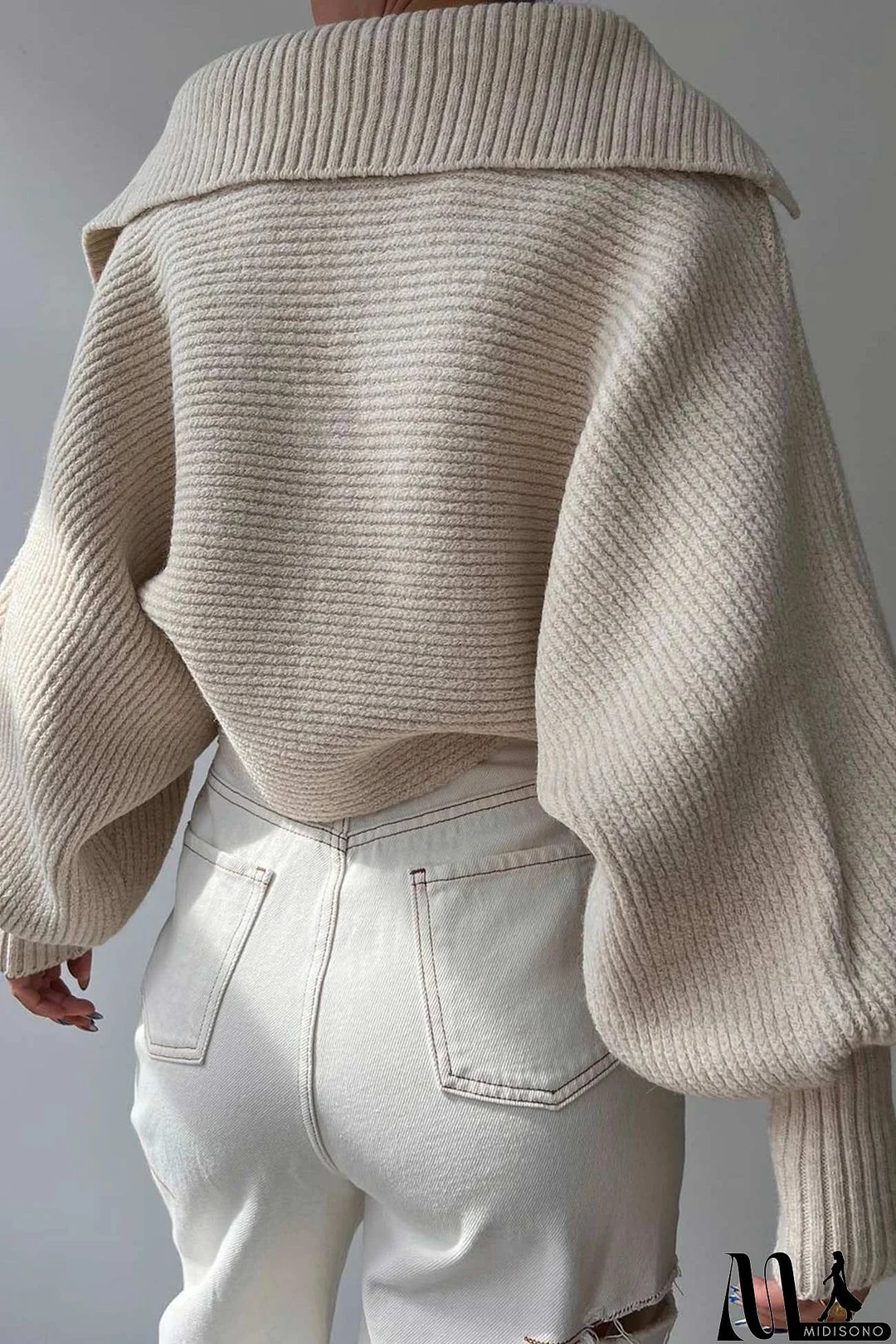MidiSono - Lapel V Neck Puff Sleeve Sweater