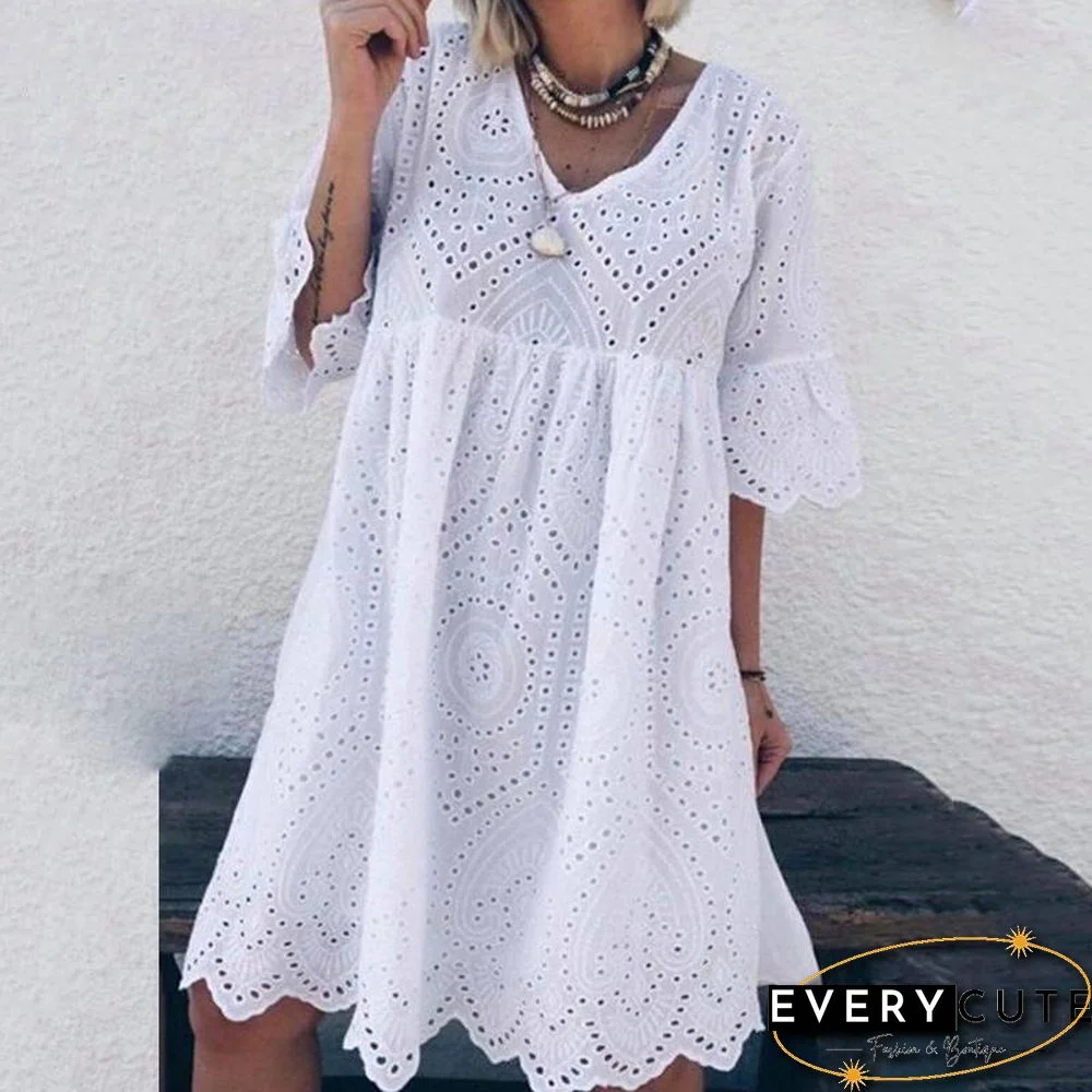 V-Neck Hollowed-Out Lace Women Midi Dress