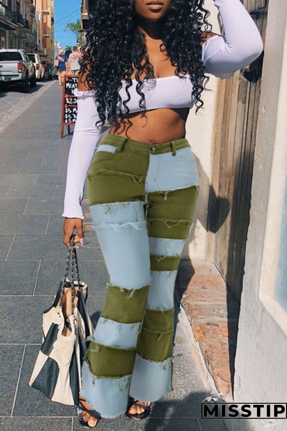 Green Fashion Patchwork Denim Jeans