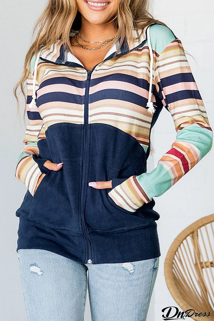 Striped Color Block Thumbhole Sleeve Full Zip Hoodie