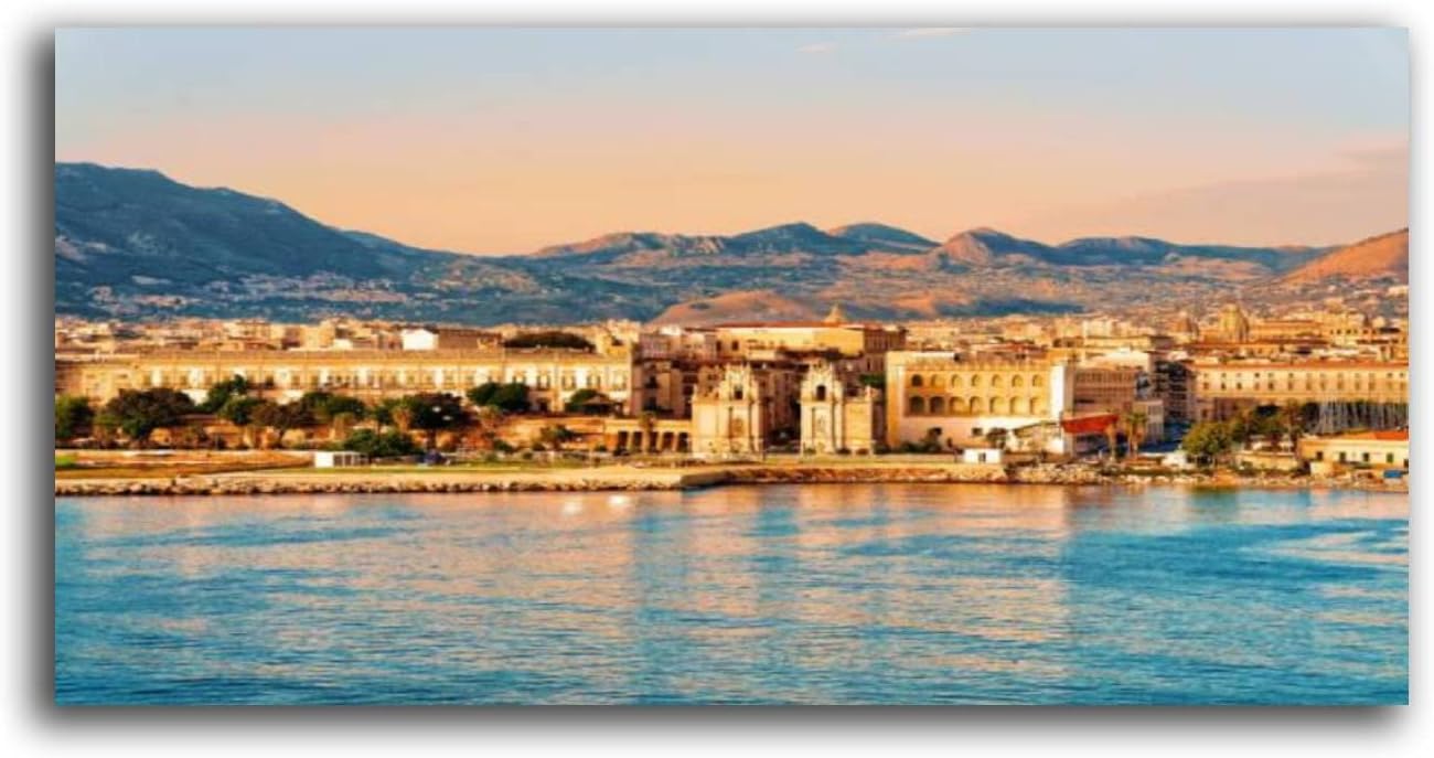 VBIJAJOSH Framed Canvas Wall Art Sunrise at Mediterranian sea Sicily Palermo Old City Photo Print Large Size Artwork Stretched & Framed Poster Home Decor for Living Room Ready to Hang 20 inch x40 inch  Color6