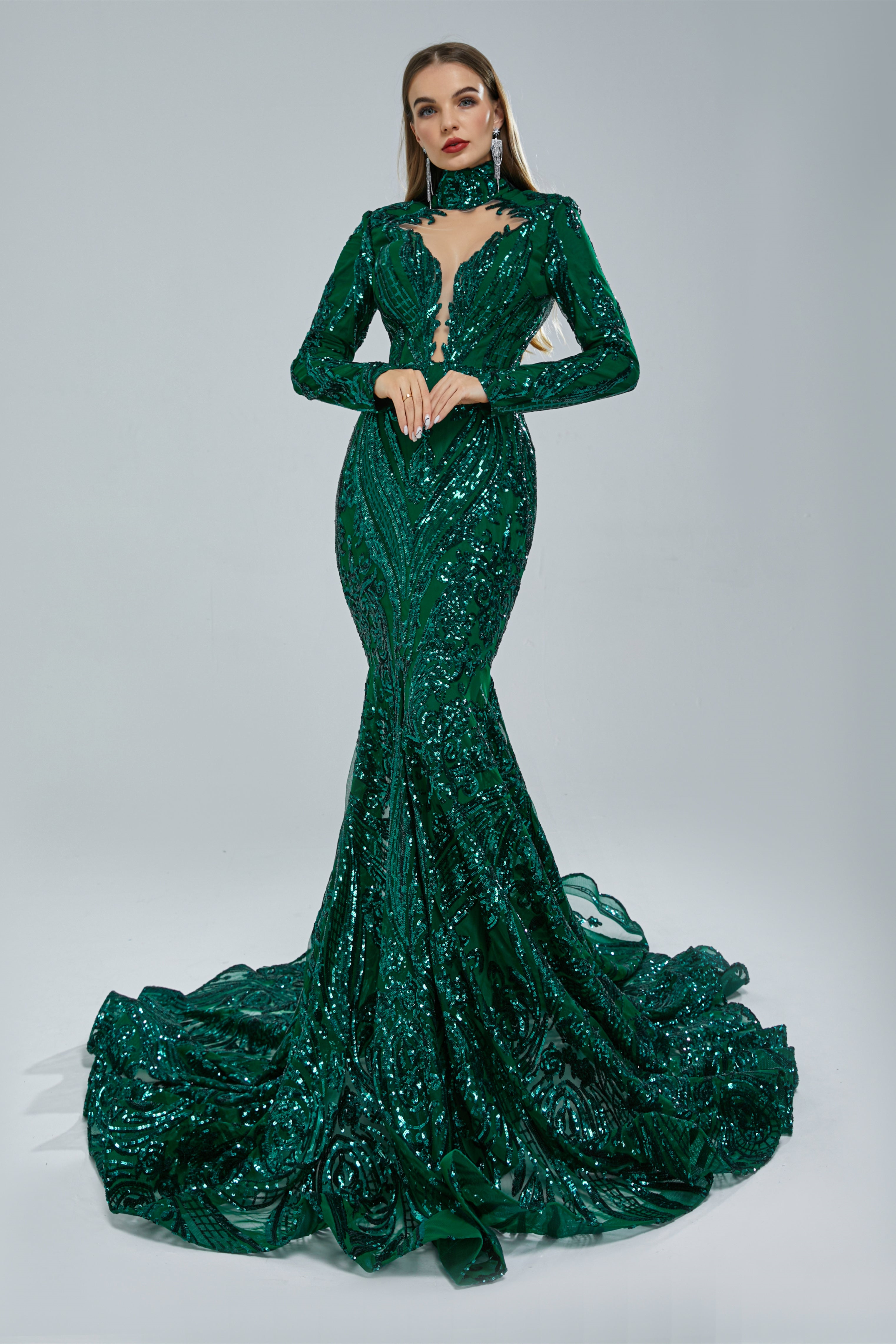 Bellasprom Long Sleeves Emerald Green Prom Dress Mermaid Sequins Long Bellasprom