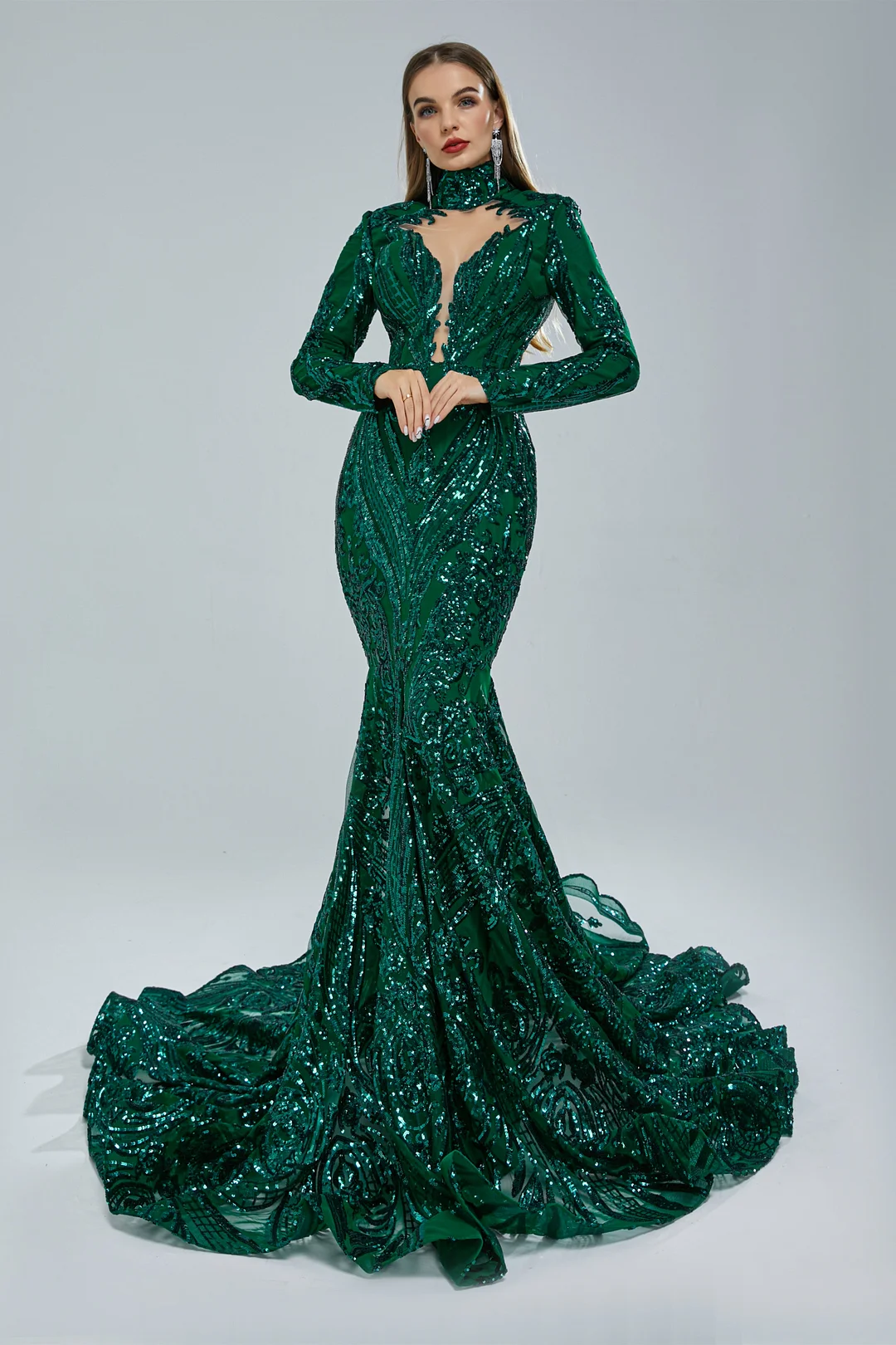 Bellasprom Long Sleeves Emerald Green Prom Dress Mermaid Sequins Long