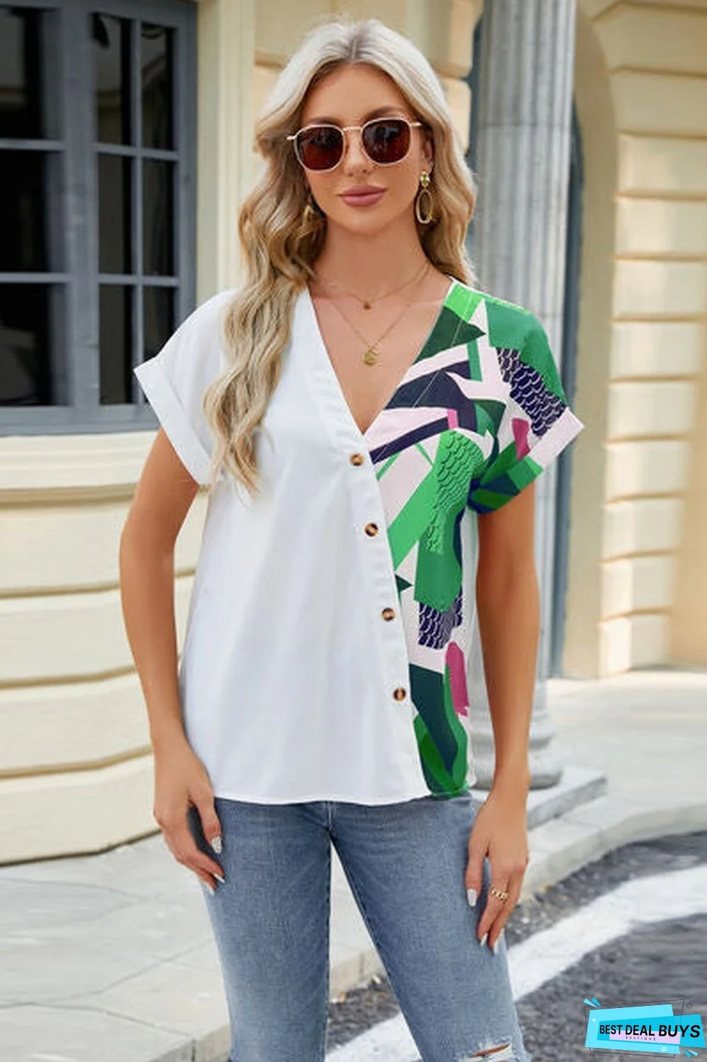 Printed Surplice Short Sleeve Blouse