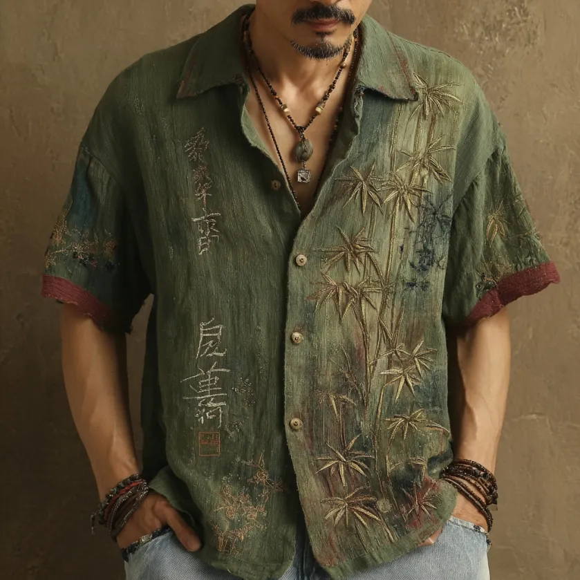 Comstylish Men's Bamboo Embroidery Patchwork Art Casual Cotton Linen Shirt