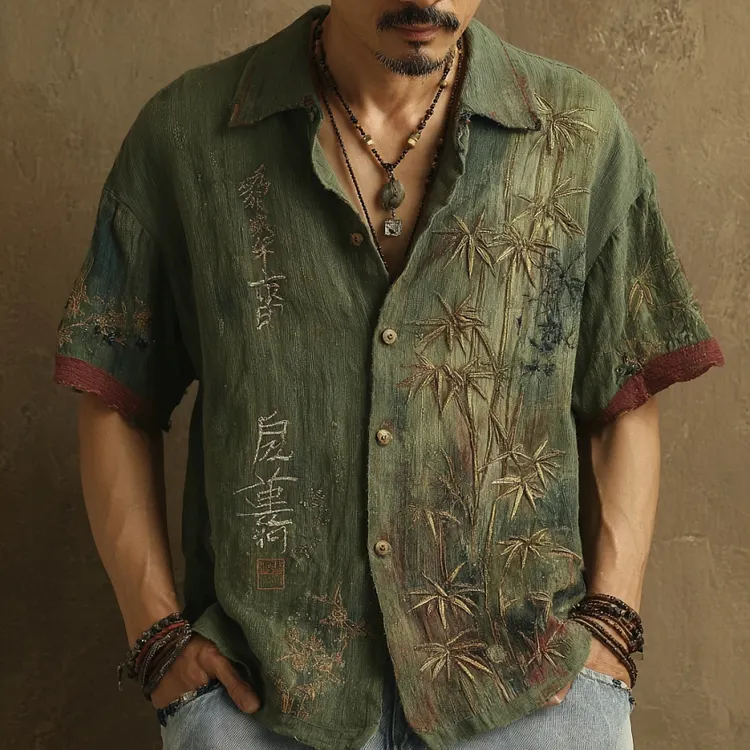 Men's Bamboo Embroidery Patchwork Art Casual Linen Shirt