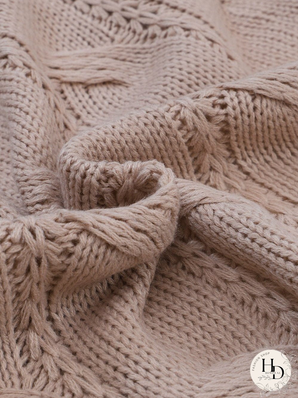Apricot Eyelet Cable Knit Cardigan with Ribbed Trim