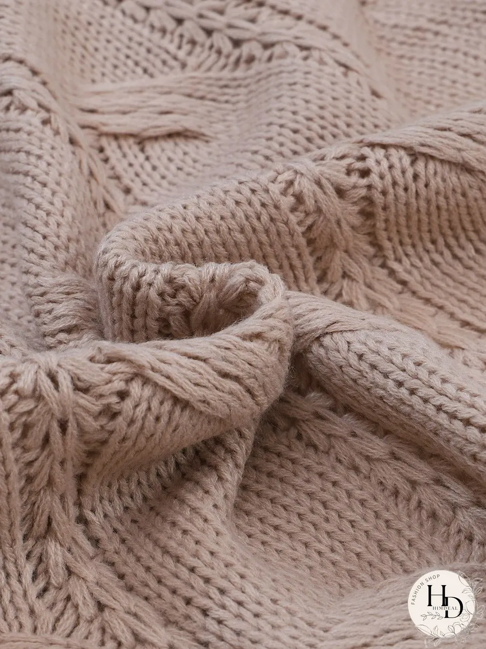 Apricot Eyelet Cable Knit Cardigan with Ribbed Trim
