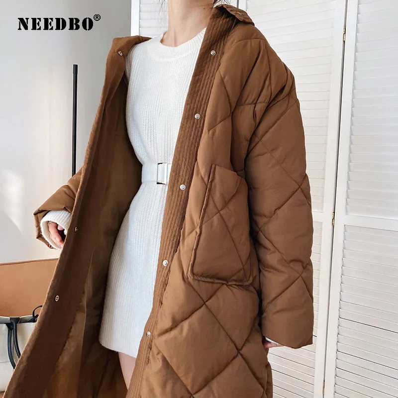 NEEDBO Ladies Puffer Coat Padded Elegant Winter Jacket Women Parka Mujer Warm Loose Casual Stand Up Collar Outweart Winter Women