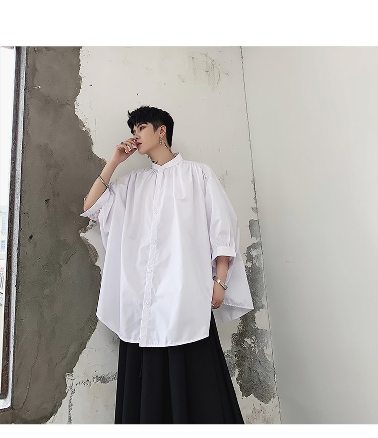 dawfashion-C612 p60 Japanese Dark Minimalist Style Stand-up Collar Bat Sleeve Pleated Temperament Shirt-Dawfashion- Original Design Clothing Store-Halloween 2022