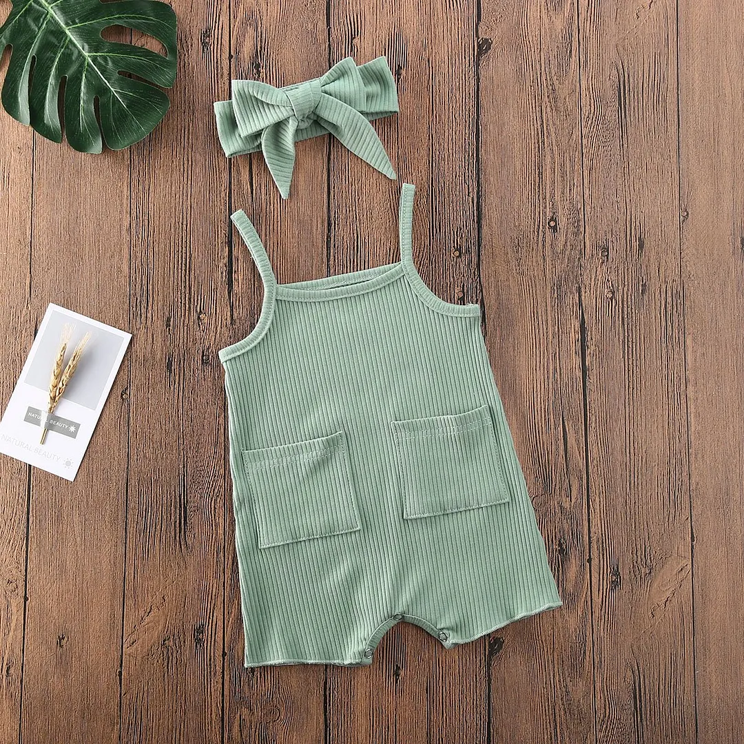 2020 Baby Summer Clothing Infant Newborn Baby Girls Boys Sleeveless Romper Ribbed Solid Pocket Jumpsuit With Headband