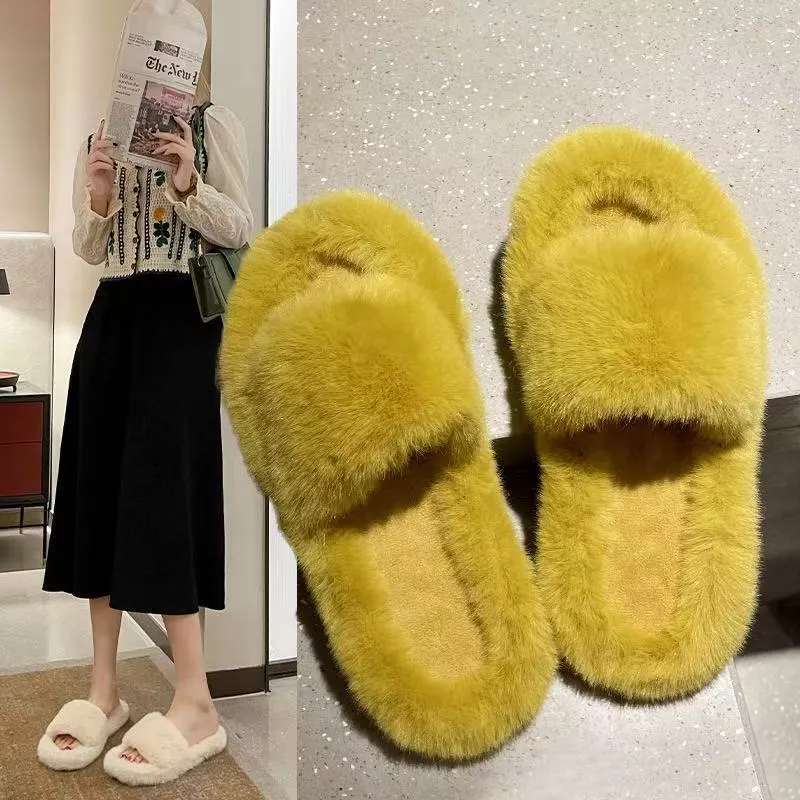 Breakj Breakj Hairy Slippers Women 2025 Autumn And Winter New Hairy Home Outside The Bottom Of The Wearing Plush Slippers