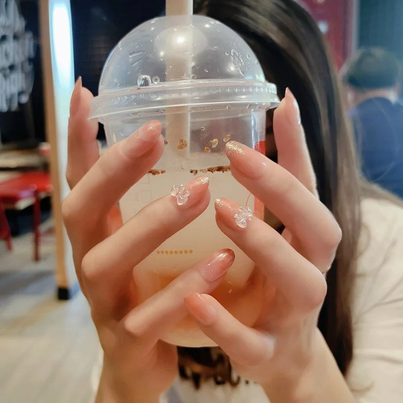 Bride Shining Rhinestone Wedding False Nails Ladies Simple Fashion French Fake Nails White Beige Acrylic Nail Tips With Glue-Nail Inspo