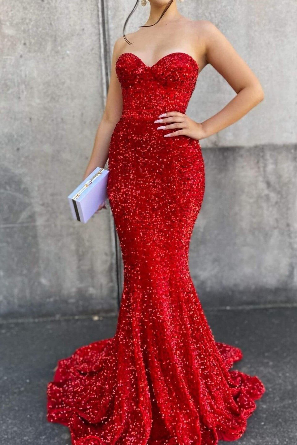 Luluslly Red Sweetheart Sequins Prom Dress Mermaid Sleeveless