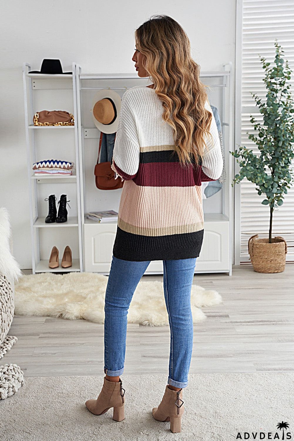 Khaki Colorblock V Neck Ribbed Knitted Sweater