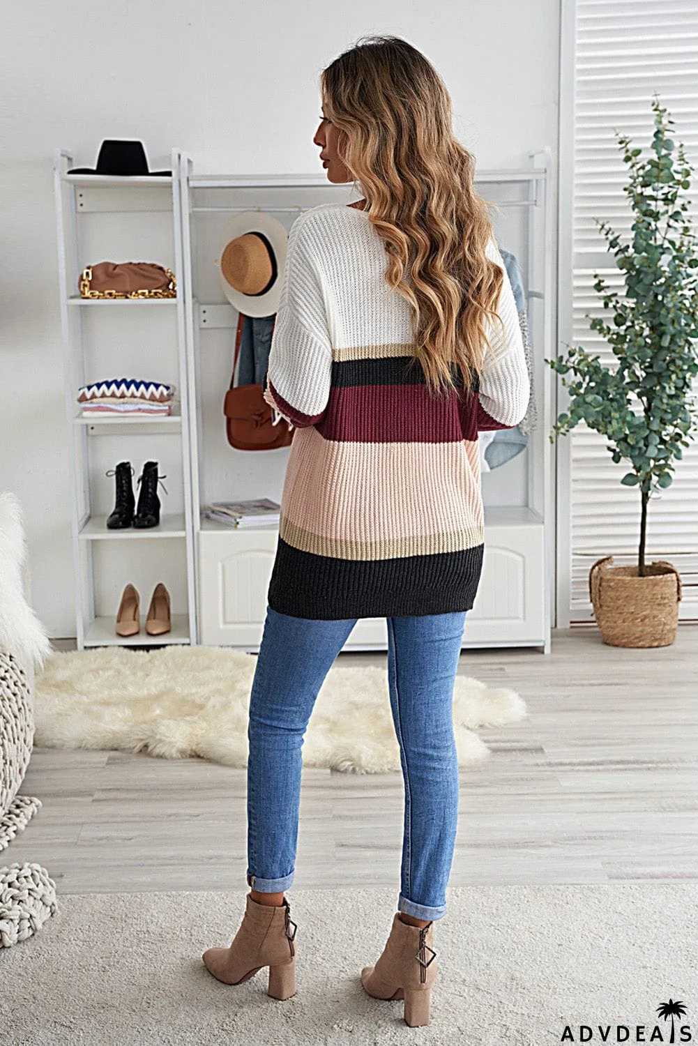 Khaki Colorblock V Neck Ribbed Knitted Sweater