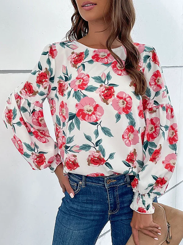 Elasticity Flower Print Long Sleeves Loose Round-Neck Blouses&Shirts Tops