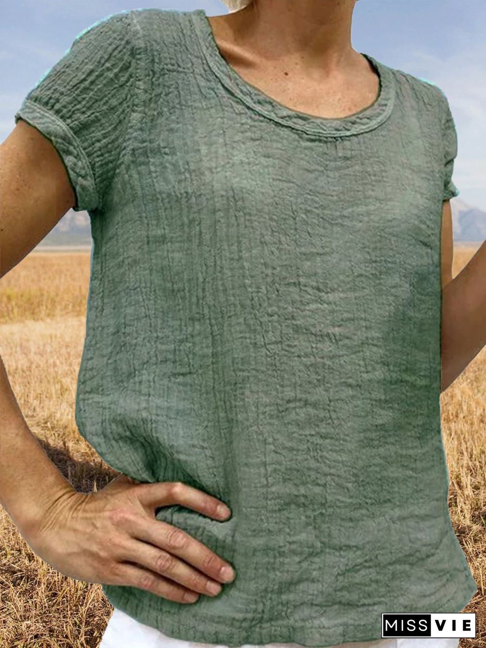 Women Casual Linen Cotton Plain Short Sleeve Blouses