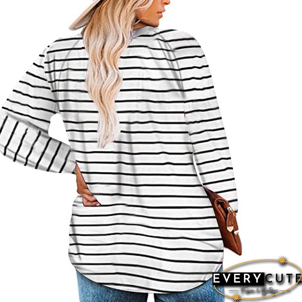 White Stripe Print V Neck Plus Size Tops
