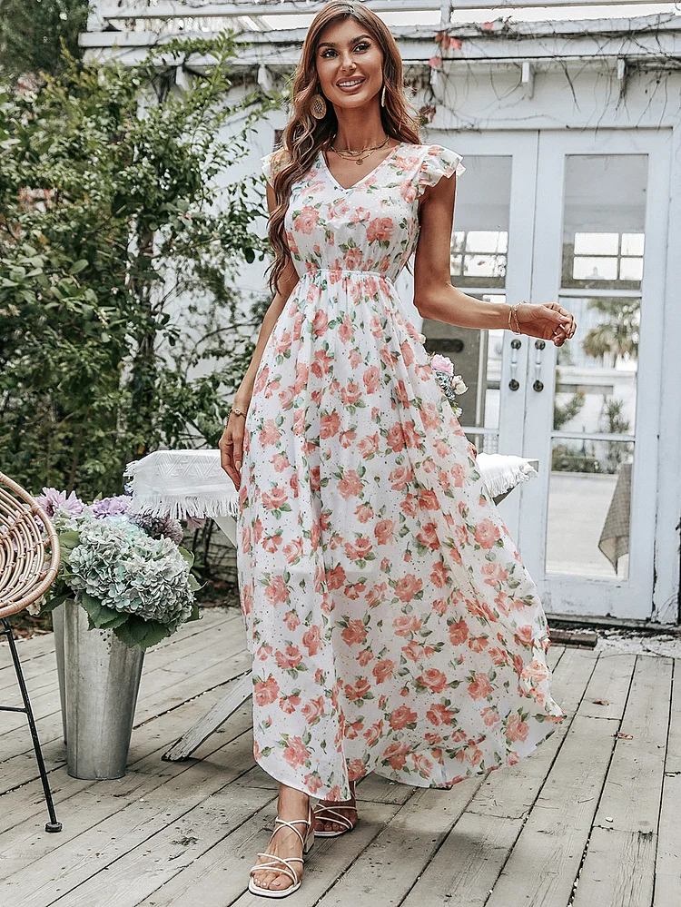 Sexy Backless Floral Fashion Bohemian Beach V-Neck A-Line Vacation Dress
