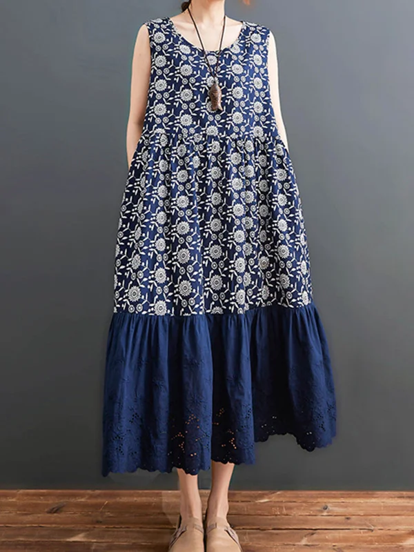 Roomy Ramie Cotton National Stamped Split-Joint Hollow Pleated Round-Neck Sleeveless Midi Dress