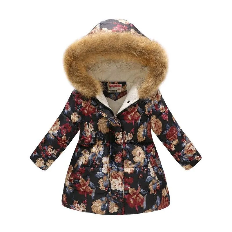Thicken Winter Girls Jackets Fashion Printed Hooded Outerwear For Kids Internal Plus Velvet Warm Girls Coats Christmas Present