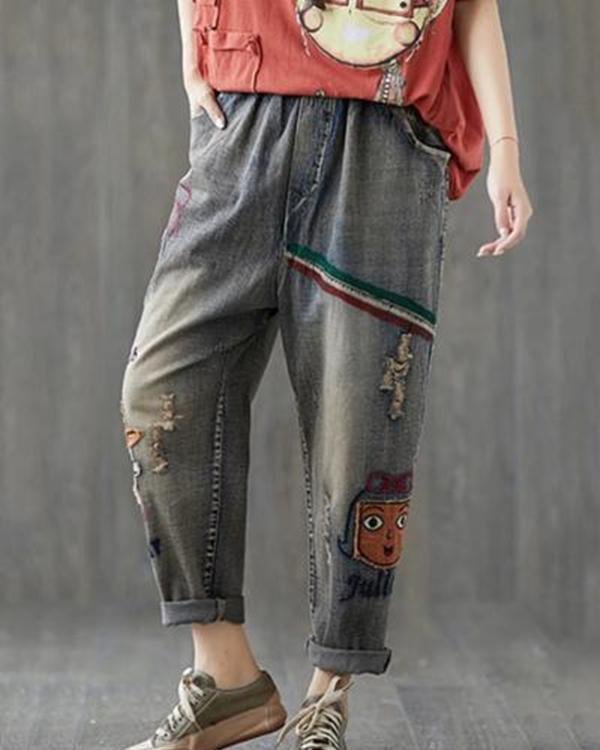 women printed casual elastic waist pockets jeans p113678