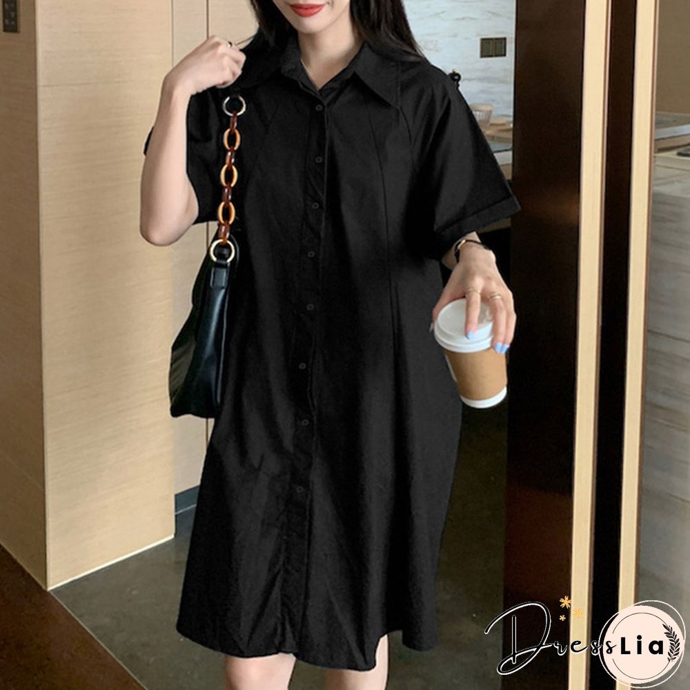 Women Loose Plain Holiday Cami Sundress Lapel Cotton Retro Party Mini Shirt Dress Plus