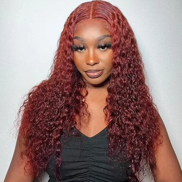 33 Reddish Brown Auburn Water Wave Wig Transparent 13X4 Lace Frontal Wig